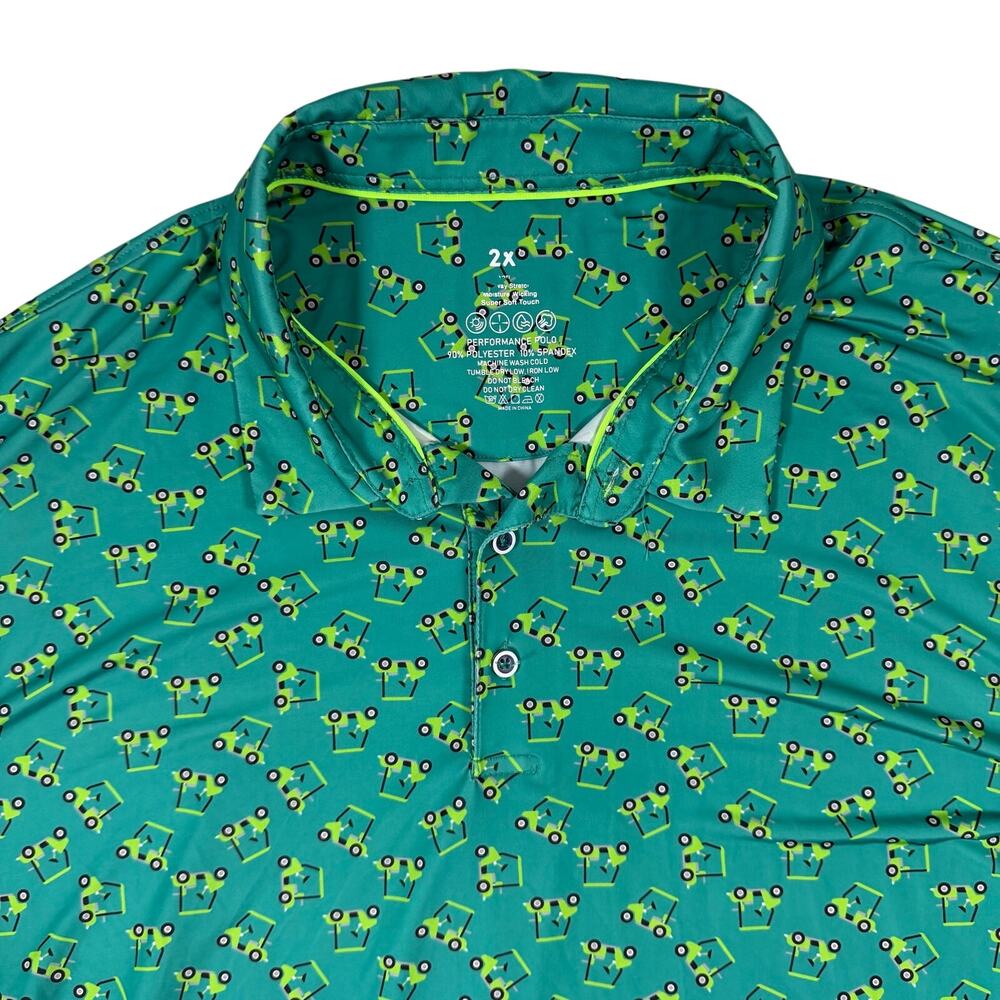 Men’s Unbranded Performance Polo Golf Cart Print Green Stretch Golf Shirt 2XL